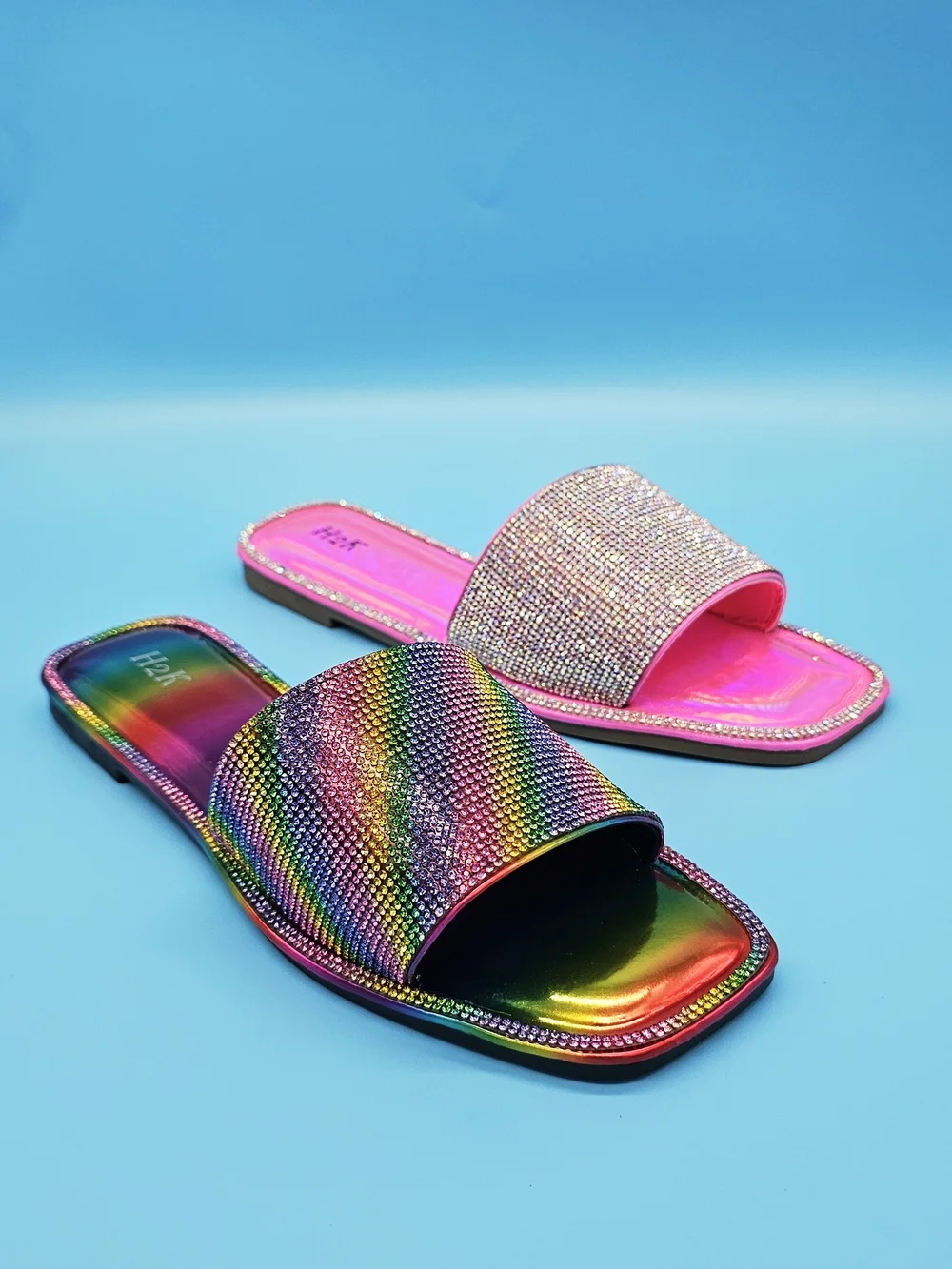 Sparkle Slide Sandals - Rainbow and Pink Crystal Women's Slides